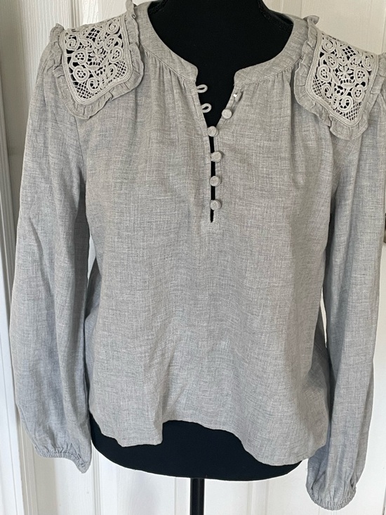 LOFT Tops - LOFT Light Grayish green Button Placket Top with Crochet Shoulder Panels